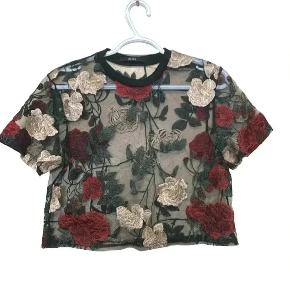 Zaful Sheer Cropped Shirt with Embroidered Roses and Greenery 100% cotton